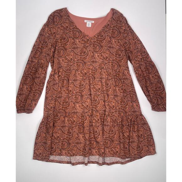 Lucky Brand Burnt Orange Paisley Tiered Midi Dress Long Sleeve Boho Chic Size M - Picture 5 of 11